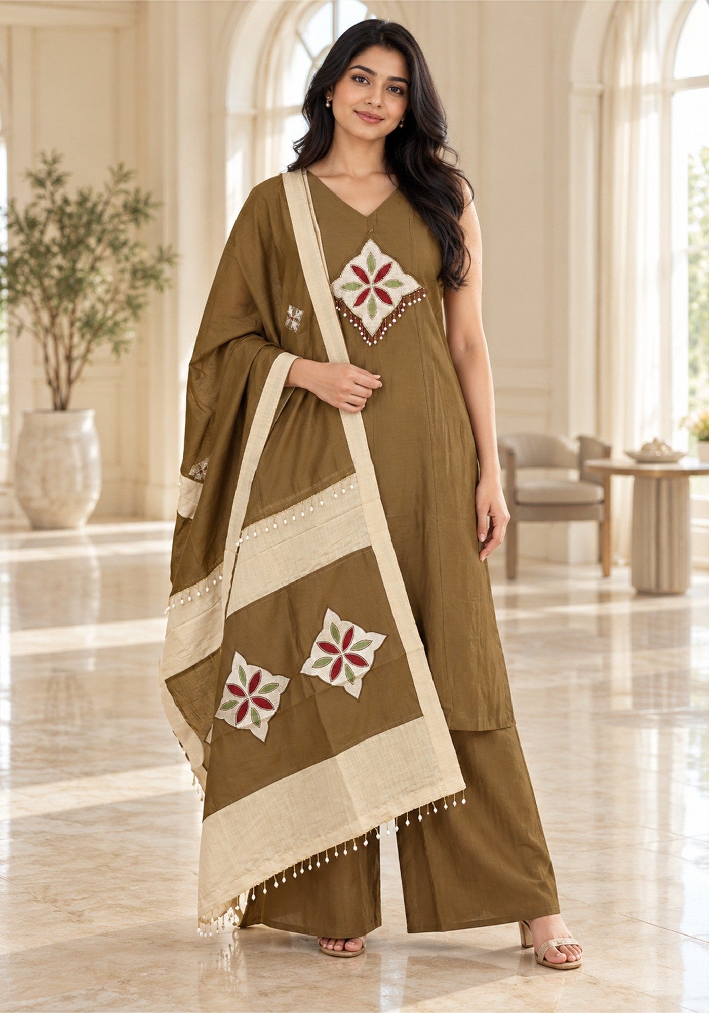 Olive Brown Cream Cotton Kurta Pant Set with Dupatta - Ashoka Threads - K3-D30-26-OBC 1